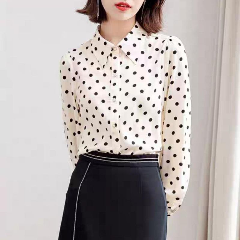 MDLV ~ 6845# Lilibeth Tie-neck Shirt Kemeja Polkadot Blouse Polkadot Atasan Polkadot Lengan Panjang Fashion Import