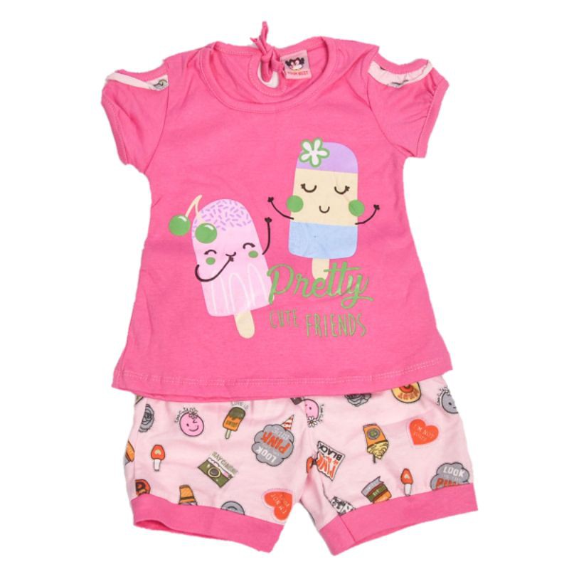 SETELAN FASHION BAJU KAOS ANAK PEREMPUAN MOTIF ICE CREAM 1-2 TAHUN WARNA PINK FANTA BIRU