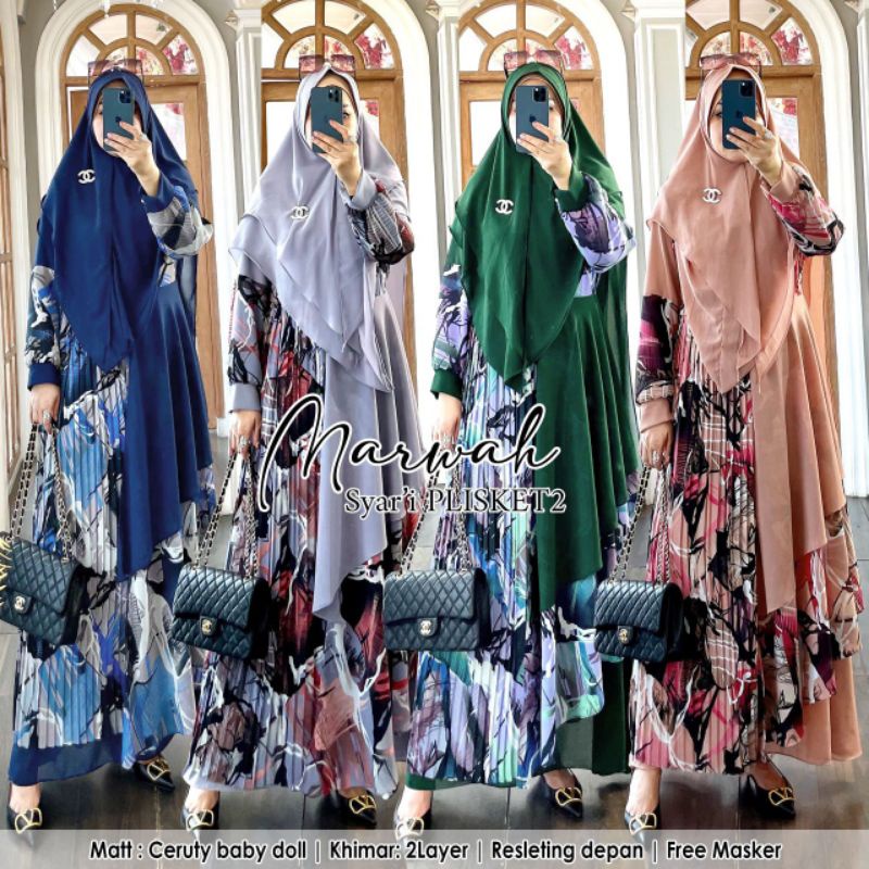 Humaira99 Gamis syari abstrak plisket set khimar syari marwah plisket 2