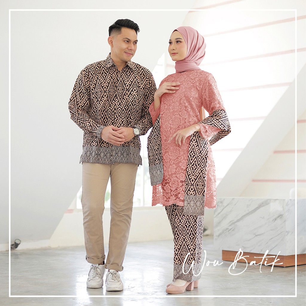 WOU BATIK - Batik Couple Laskita Kebaya Brokat Polos Premium Rok Span Pinggang Karet Allsize Kemeja Pria Lengan Panjang Size M,L,XL-PINK
