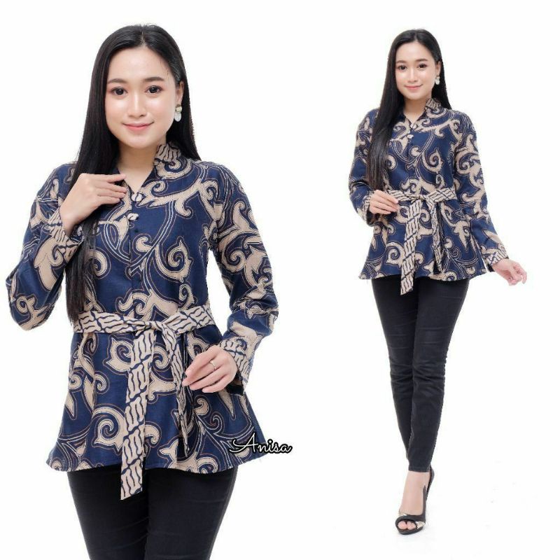 tey-17 Batik wanita ASJ SA HRB026 Kenongo Kemeja Tosca Pendek-BTP Kangkung Navy
