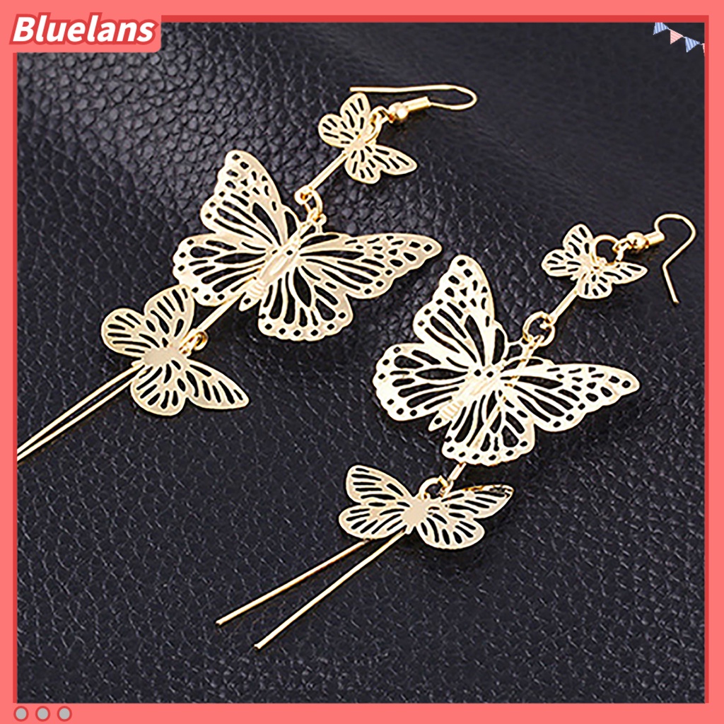 Bluelans 1 Pair Earrings Eye-Catching Butterfly Design Alloy Long Tassel Dangle Earrings