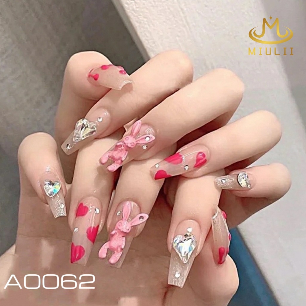 MIULII / KUKU PALSU PANJANG Pink Bunny  A0062 / 24PCS / 3D / NAIL ART / PREMIUM /CUTE / PINK  / FREE LEM JELLY / KUTEK