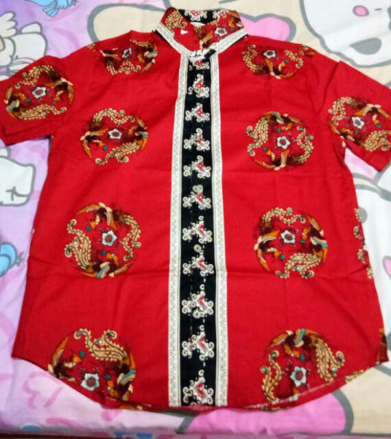 Kemeja 113zy# Kemeja Batik Pria Dewasa Edisi Imlek Warna Merah Bahan Katun Stretchy