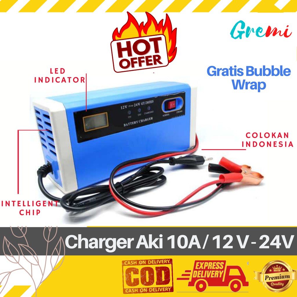 Charger Aki Portable 10A 12V 24V Casan Accu Motor Mobil Sparepart Motor Listrik Indikator Carger