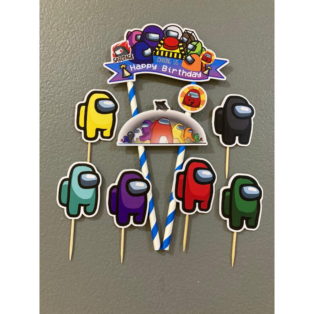 cake topper among us - hiasan tusukan kue ulang tahun among us