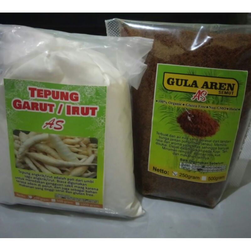 

Ready paket tepung garut atau irut/angkrik dan gula aren kemasan 250