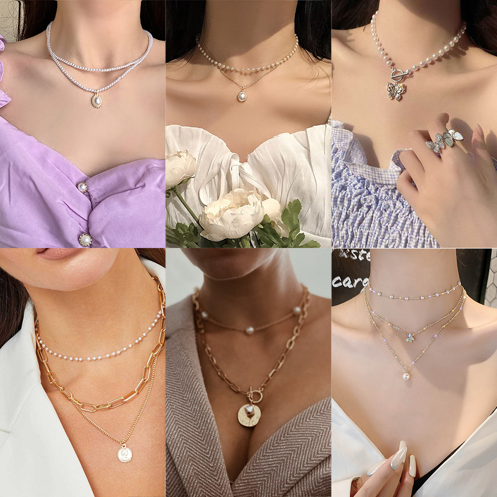 YEEZII Kalung Rantai Klavikula Hias Liontin Kupu-Kupu Hati Mutiara Warna Emas Gaya Retro Untuk Wanita