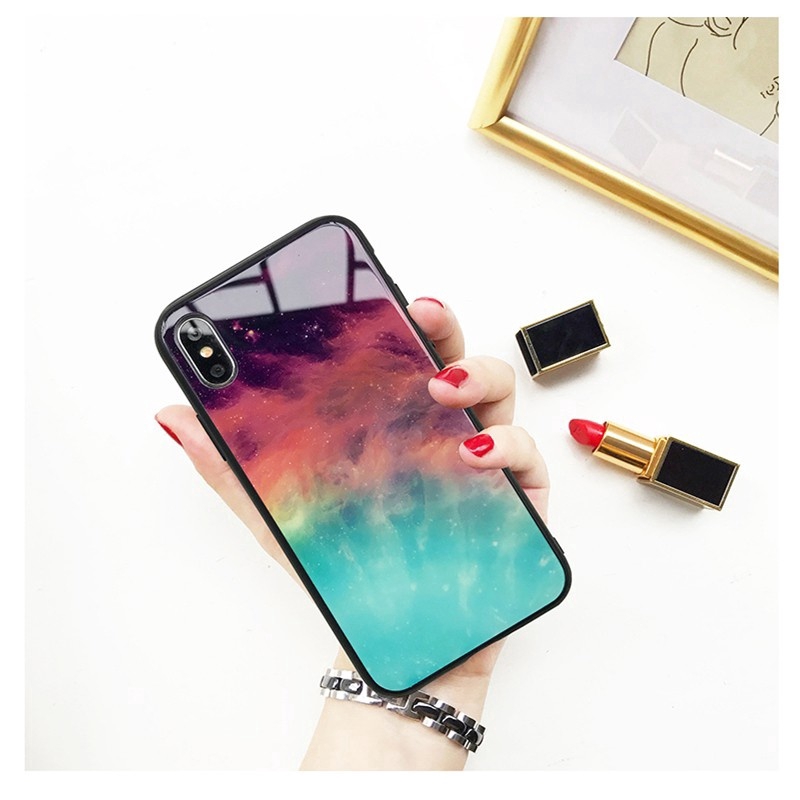 Warna Aurora langit berbintang kaca tempered Hard Case iPhone 11 Pro Max XR XS SE2 6 7 8Plus Case