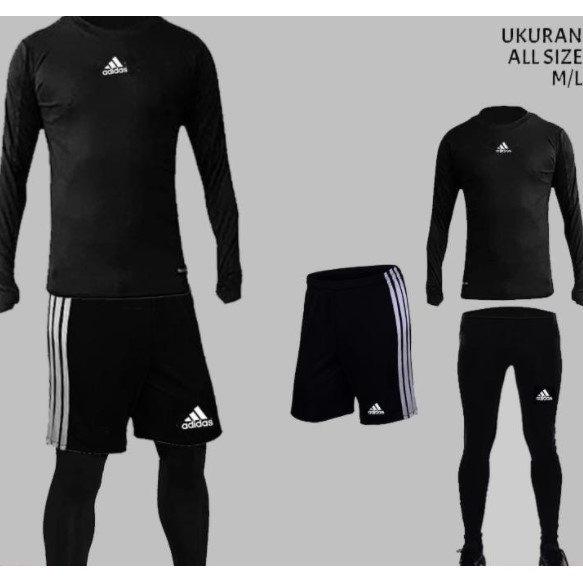 Paket Lengkap Baselayer Lengan Panjang Kaos Celana Panjang Hitam Base Layer ADIDAS Olahraga Volley Voli Futsal Sepak Bola Sepeda Basket