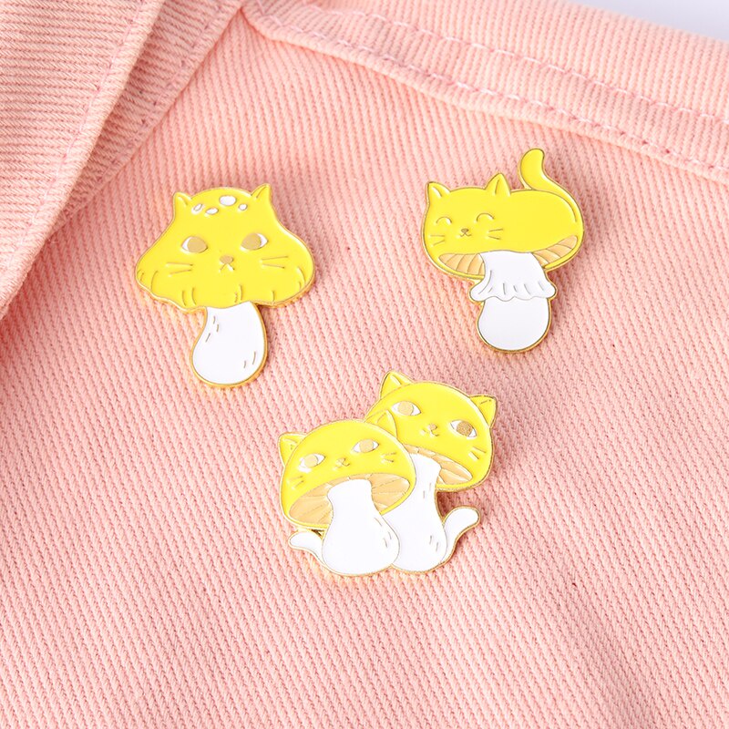 Cat Face Yellow Mushroom Enamel Pins Cute Animals Plants Brooch Lapel Badge Bag Cartoon Jewelry Gift for Friends