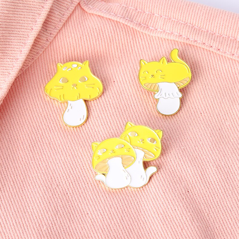 Cat Face Yellow Mushroom Enamel Pins Cute Animals Plants Brooch Lapel Badge Bag Cartoon Jewelry Gift for Friends