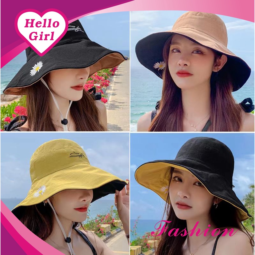 (Hello Girl)MZ17 Topi Wanita Bucket Topi Pantai Bunga Daisy 2 Warna Luar/Dalam Import