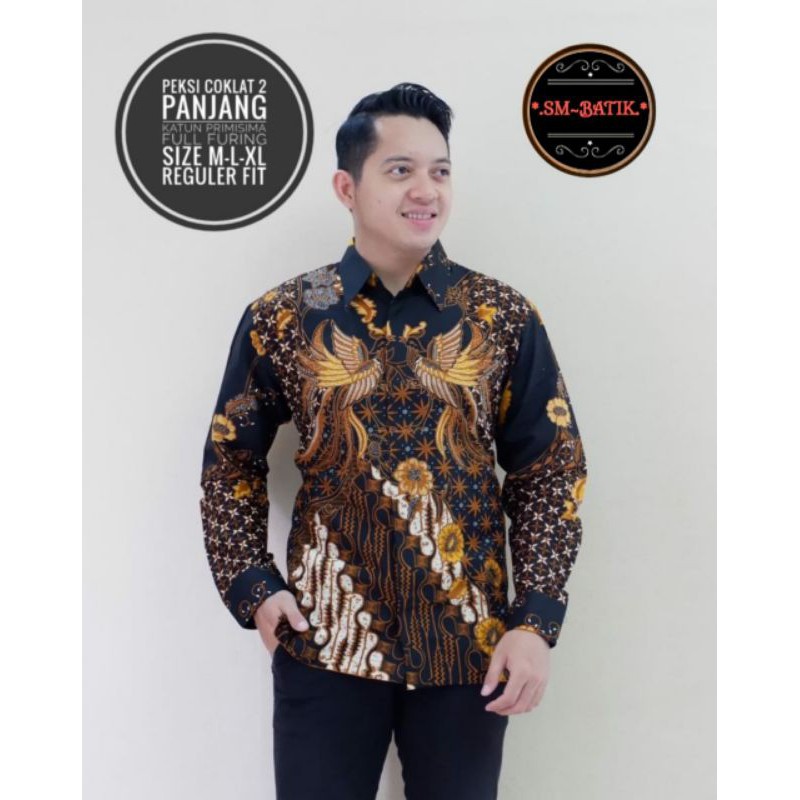 Kemeja Batik Warna Hitam Coklat Motif Merak Batik Lengan Panjang Lapis Furing PEKSI COKLAT 2