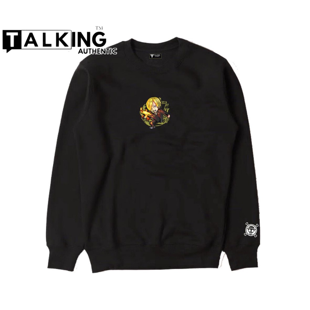 TALKING Sweater Pria Distro Japan Crewneck Hitam Sablon Anime One Piece Sanji Suiter Cowok Jumbo Switer Krunek Oversize Bigsize M L XL XXl Jumbo