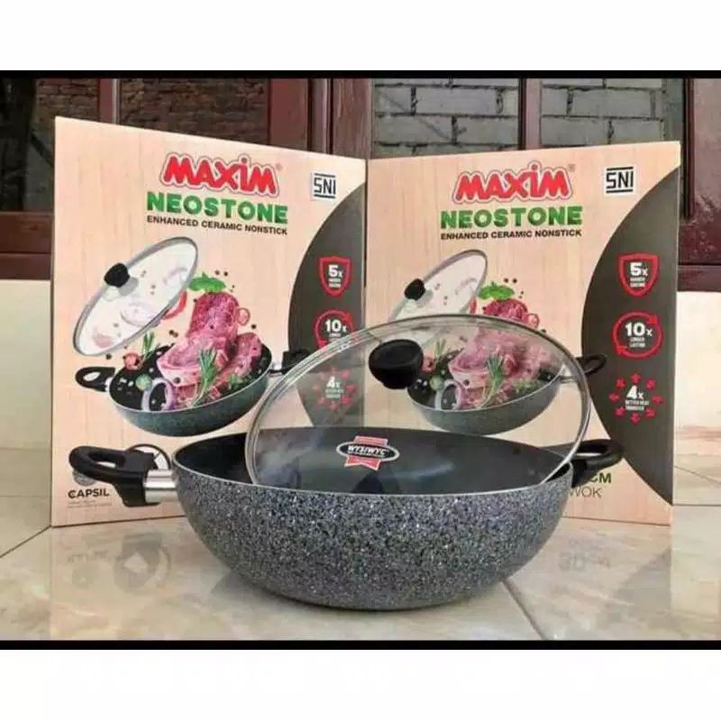 WAJAN PENGGORENGAN MAXIM WOK NEOSTONE 30 CM DENGAN TUTUP KACA ORIGINAL ANTI GORES &amp; ANTI LENGKET