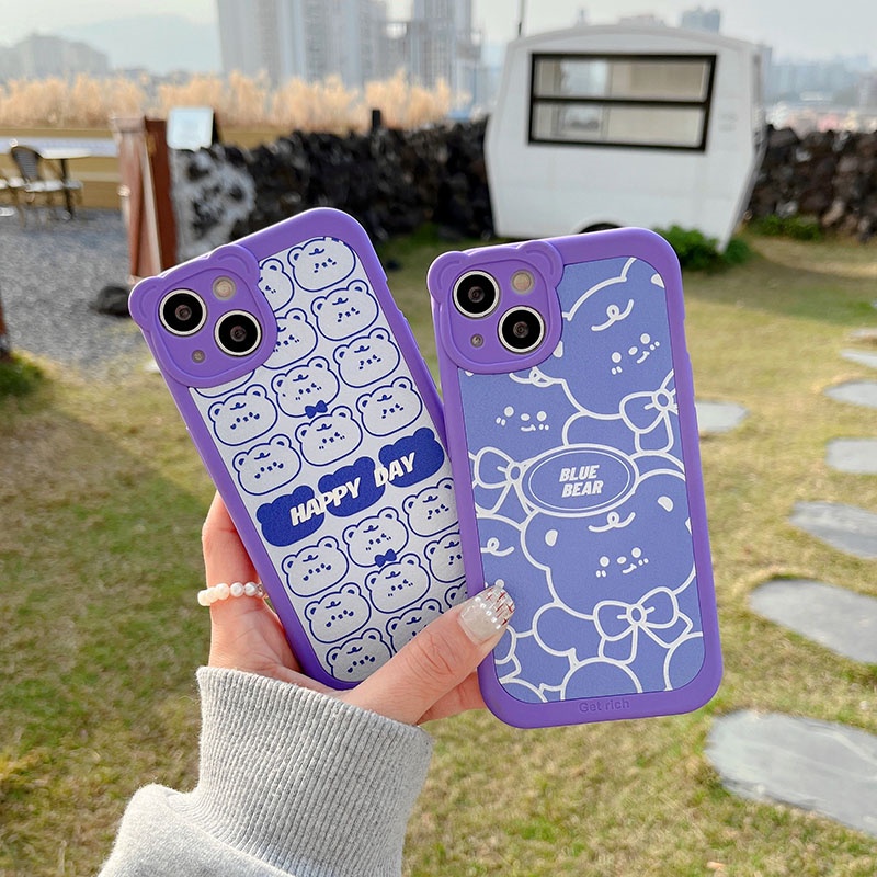 Soft case TPU Motif Kartun Beruang Warna Biru Ungu Untuk iPhone 11 12 13 Pro Max XS Max X XR 7 8 Plus