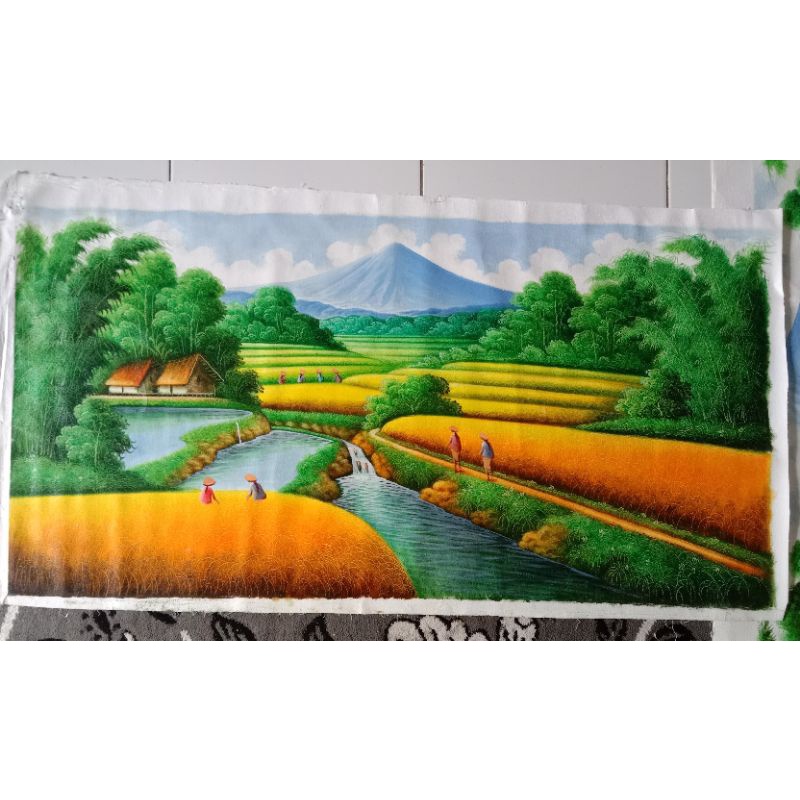 Lukisan pemandangan alam sawah Ukuran 60cm×120cm