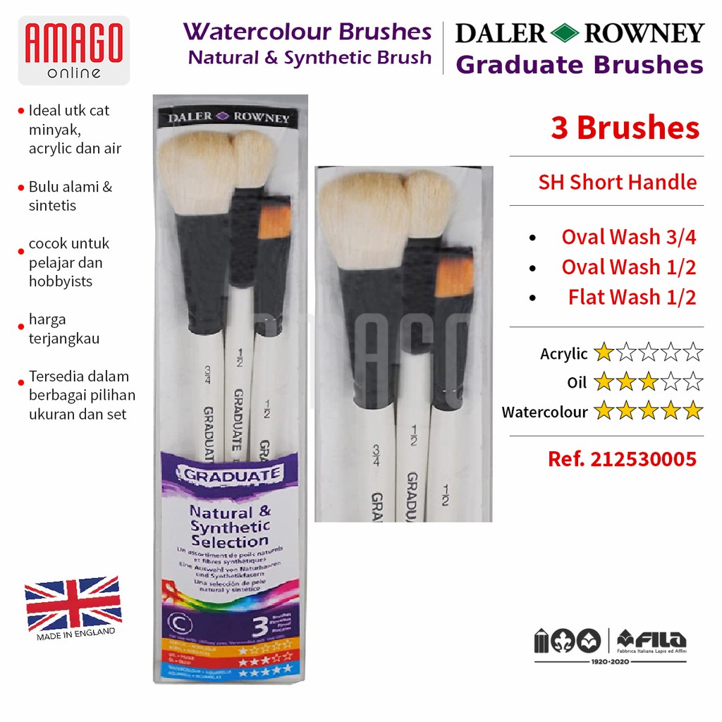 KUAS DALER ROWNEY ISI 3 - GRADUATE NATURAL AND SYNTHETIC BRUSHES - WATERCOLOUR SET OF 3 - 212530005