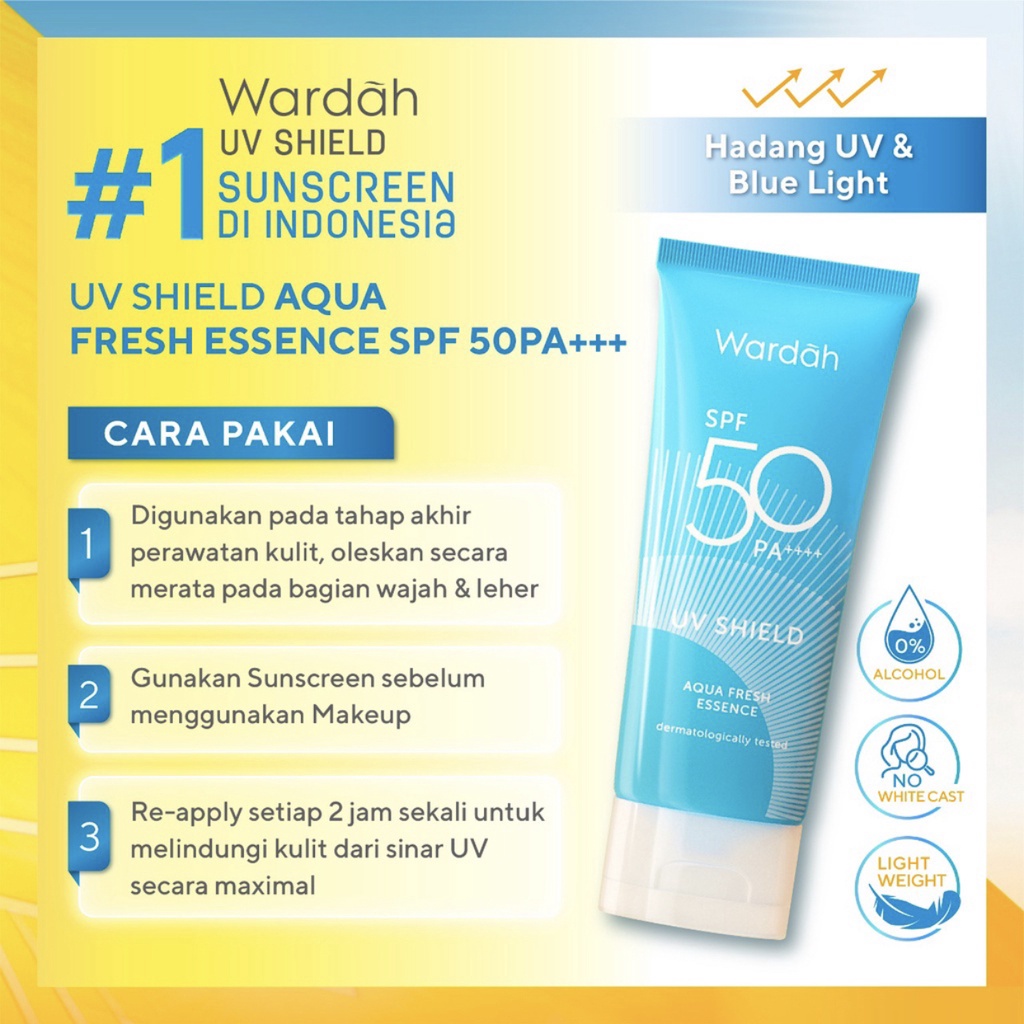 Wardah UV Shield Aqua Fresh Essence SPF 50 PA ++++ 30 ml - Sunscreen 0% Alkohol, Menghidrasi