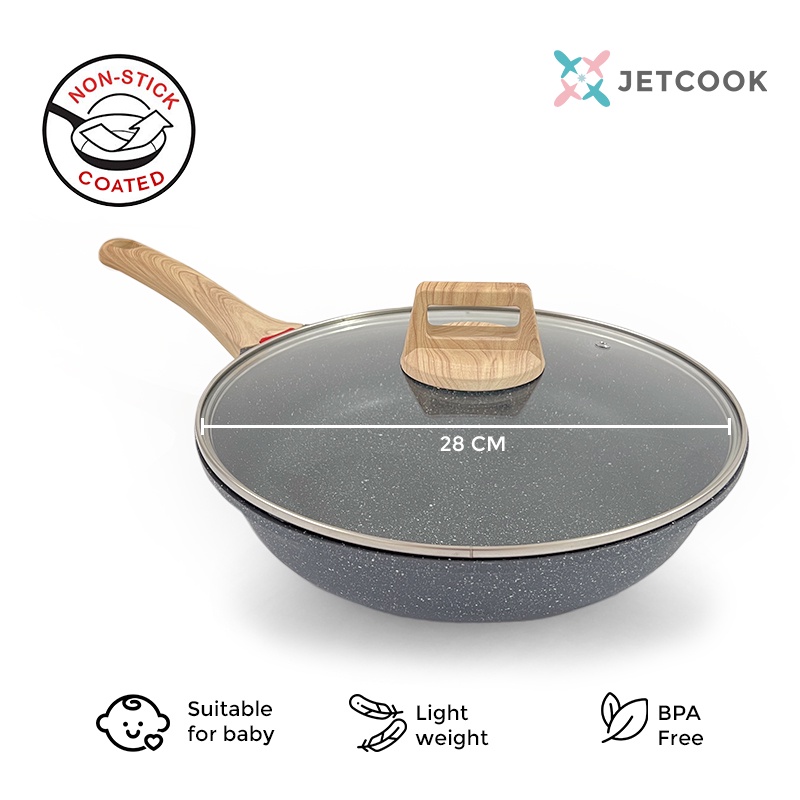 JetCook Wajan / Panci Penggorengan Granit Anti Lengket Premium Quality dengan Tutup - Frying Pan 24cm / 28cm