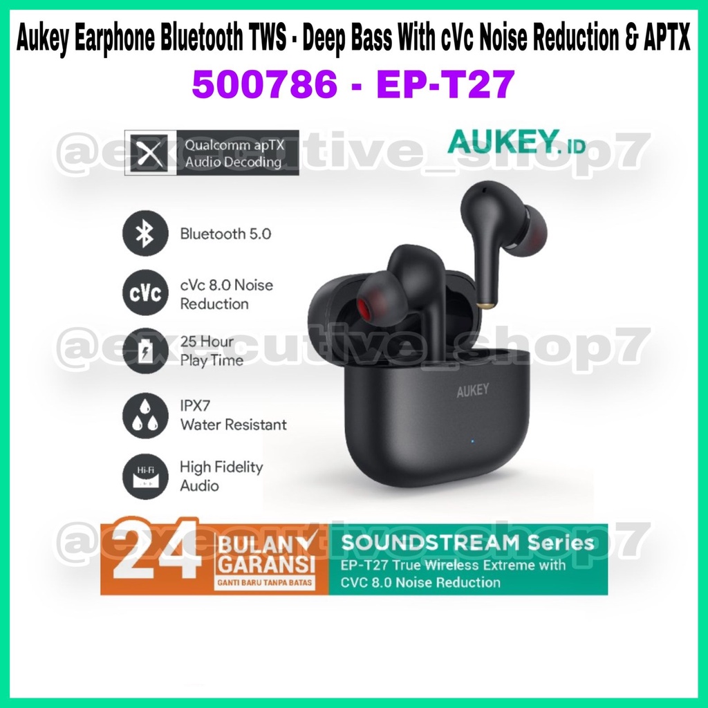 Aukey Earphone Bluetooth TWS - Deep Bass With cVc Noise Reduction &amp; APTX - 500786 - EP-T27