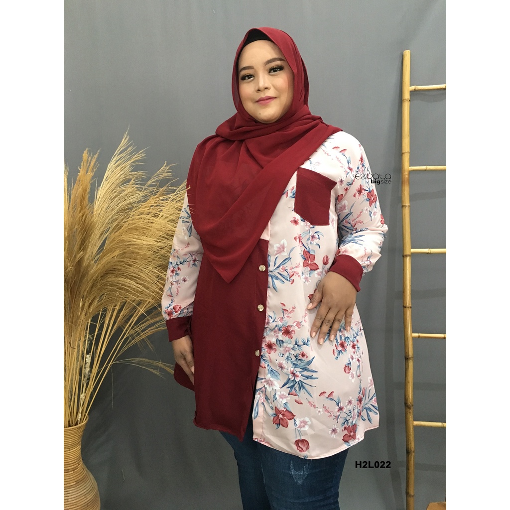 Tunik Hem Kemeja wanita jumbo big size bunga2 busui lebaran kantor lengan panjang LD.120cm XXXXL