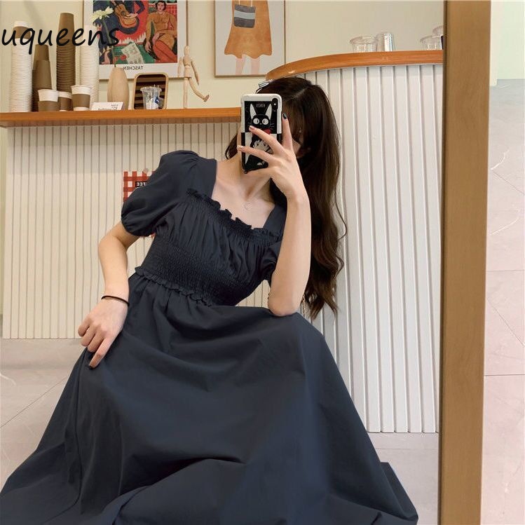 Gaun lengan pendek leher persegi gelembung panjang retro baru biru dan hitam