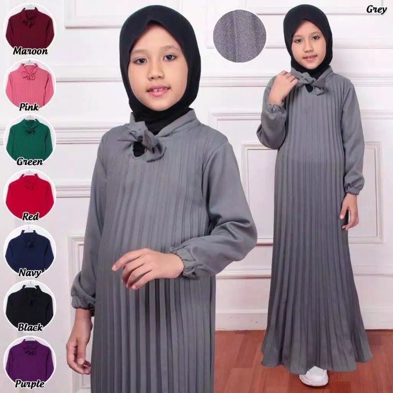 Gamis Plisket Dasi leher Pita Anak Perempuan Usia 4-11 Tahun / Gamis Plisket Anak Anak / Baju Muslim