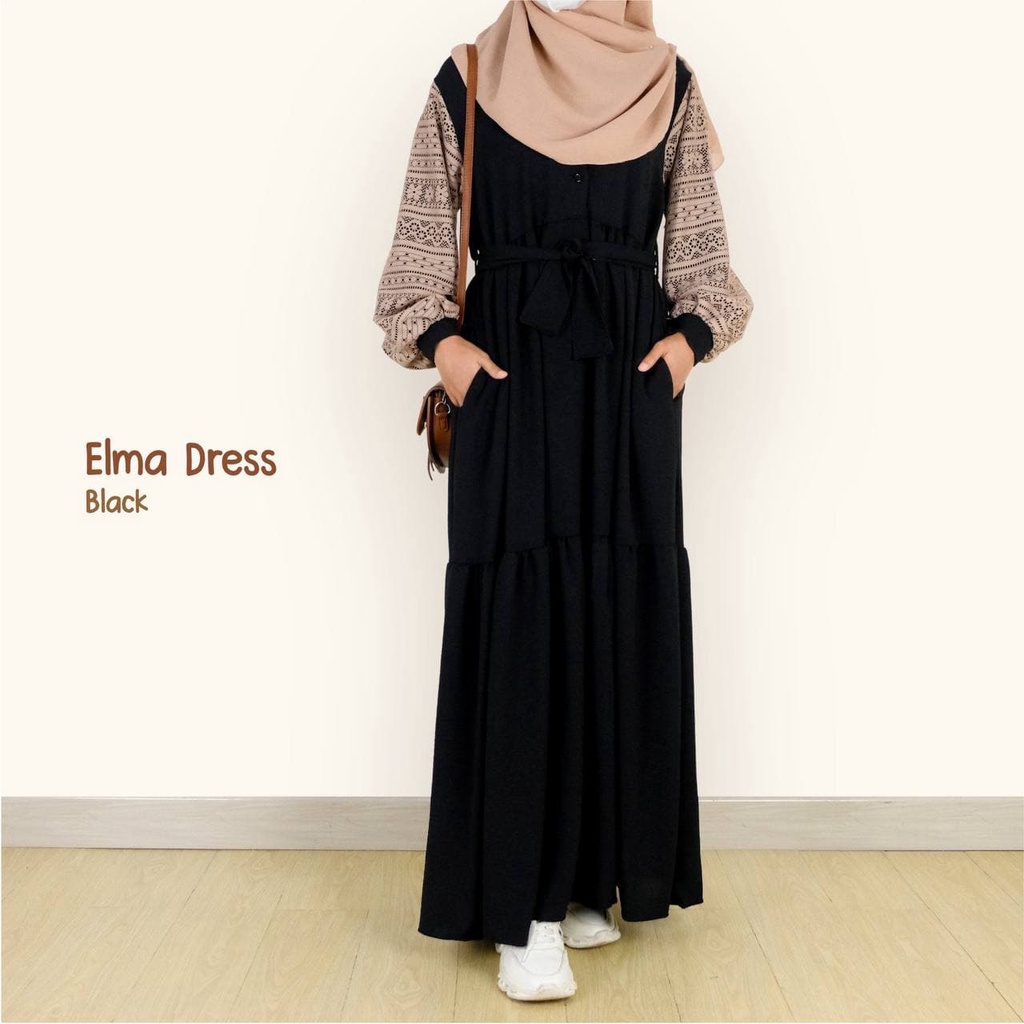 Mininos Elma Dress Gamis Hitam Remaja Syari Crinkle Brukat