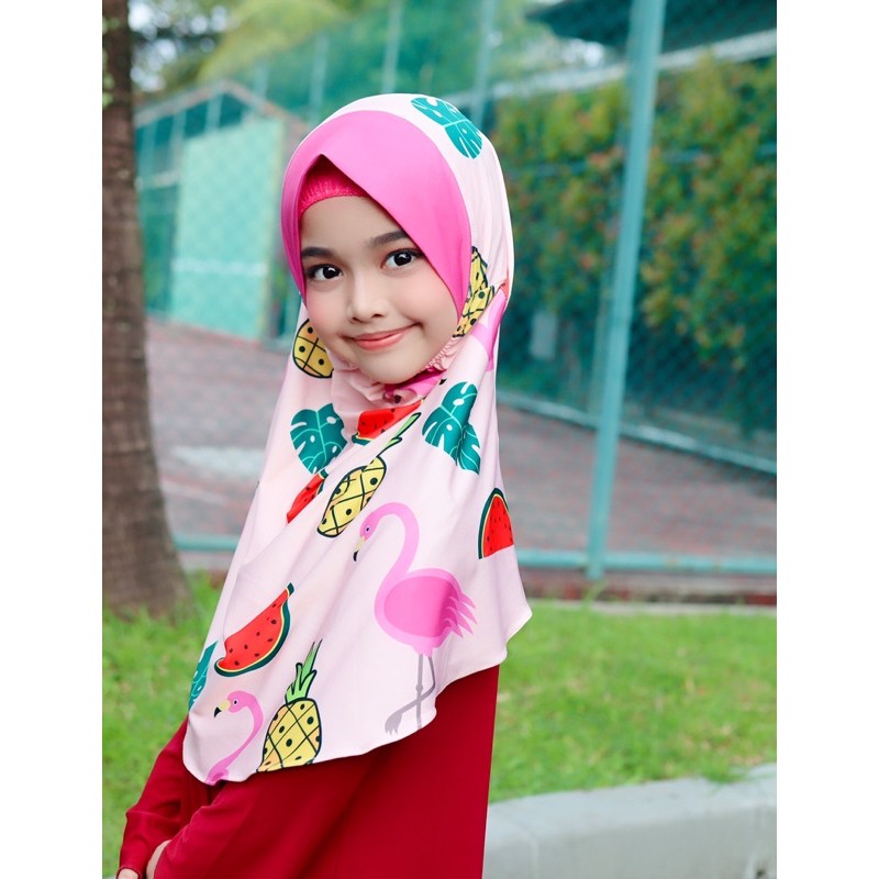 BERGO HIJAB INSTANT ANAK MOTIF FLAMINGGO PINK / HIJAB INSTANT ANAK / JILBAB ANAK LUCU KARAKTER