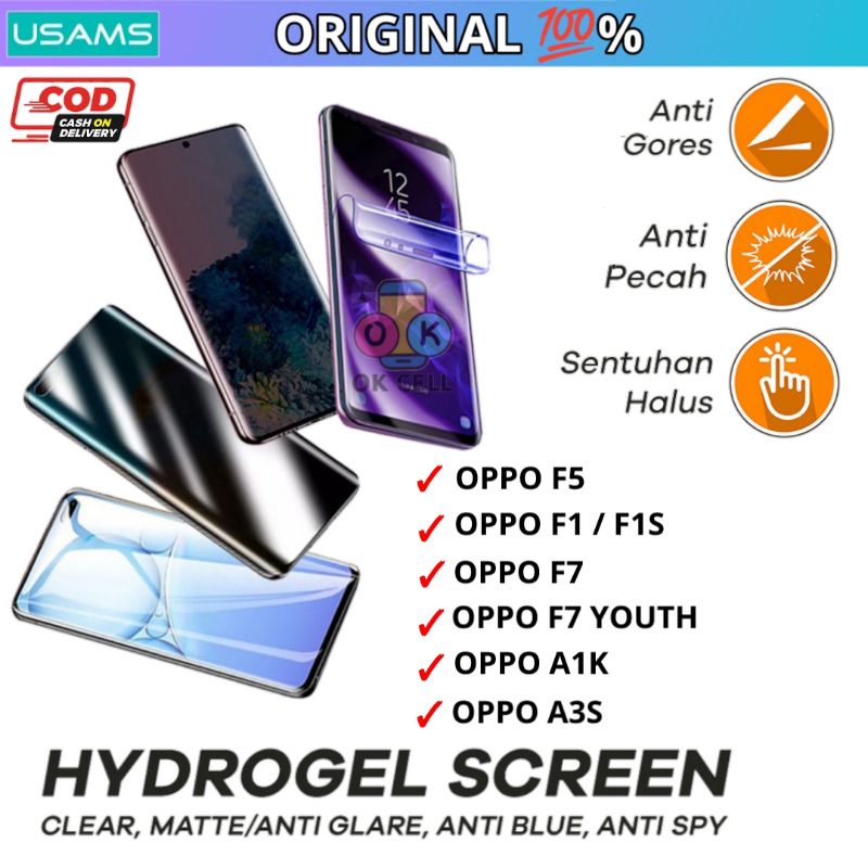 USAMS Hydrogel Anti Gores Blue Light Matte Spy Oppo A3s A1k F5 F1 F1s Youth Not Tempered Glass