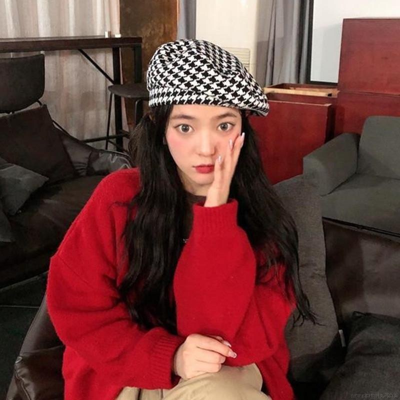 Topi Baret Motif Houndstooth Gaya Retro Korea Jepang Untuk Wanita