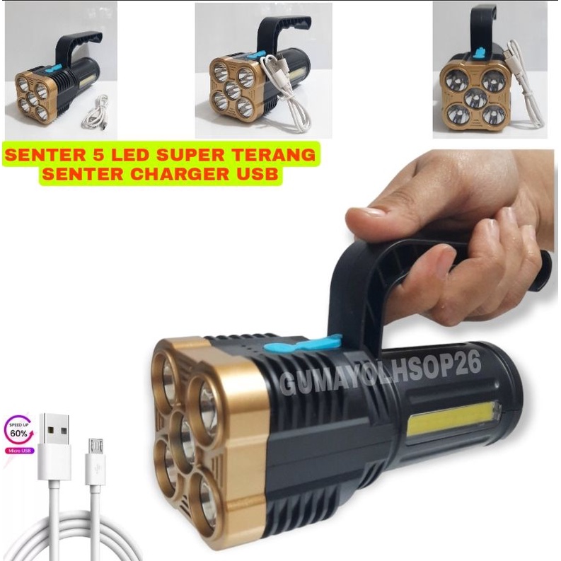 Senter LED 5 Mata + COB 4 Mode Super Terang Charger USB /  Senter Jarak Jauh