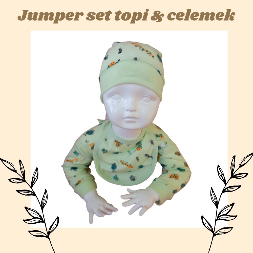 sleep suit karakter set celemek dan topi / baby jumper / baju bayi set