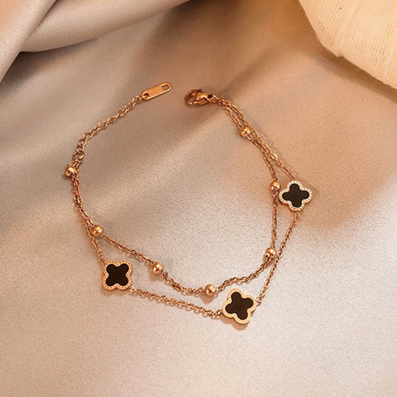 Gelang Titanium 2 Layer Semanggi Beruntung Wanita Anti Karat Emas 18k Korea Aksesoris-Rose gold