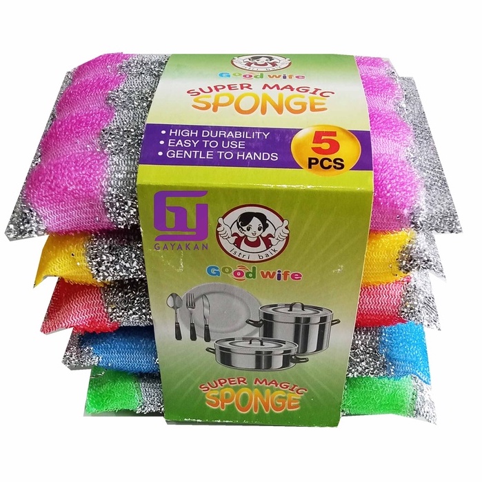 1 Bundle (Isi 5 pcs) Sponge Cuci Piring Busa Kawat Model Kotak Multiwarna