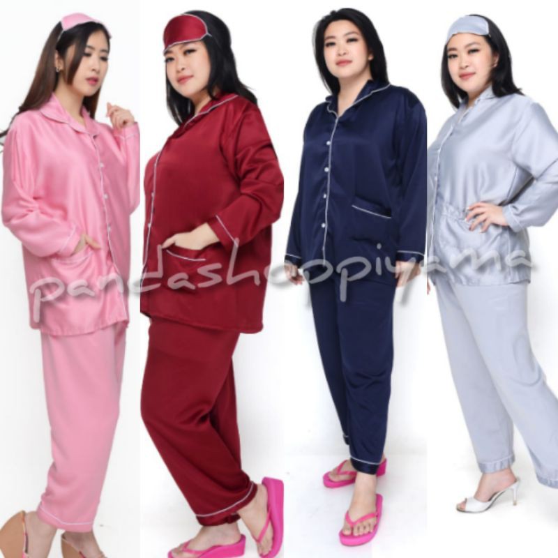 baju tidur jumbo celana lengan panjang SET / piyama big size LD120 satin polos setelan /piama wanita