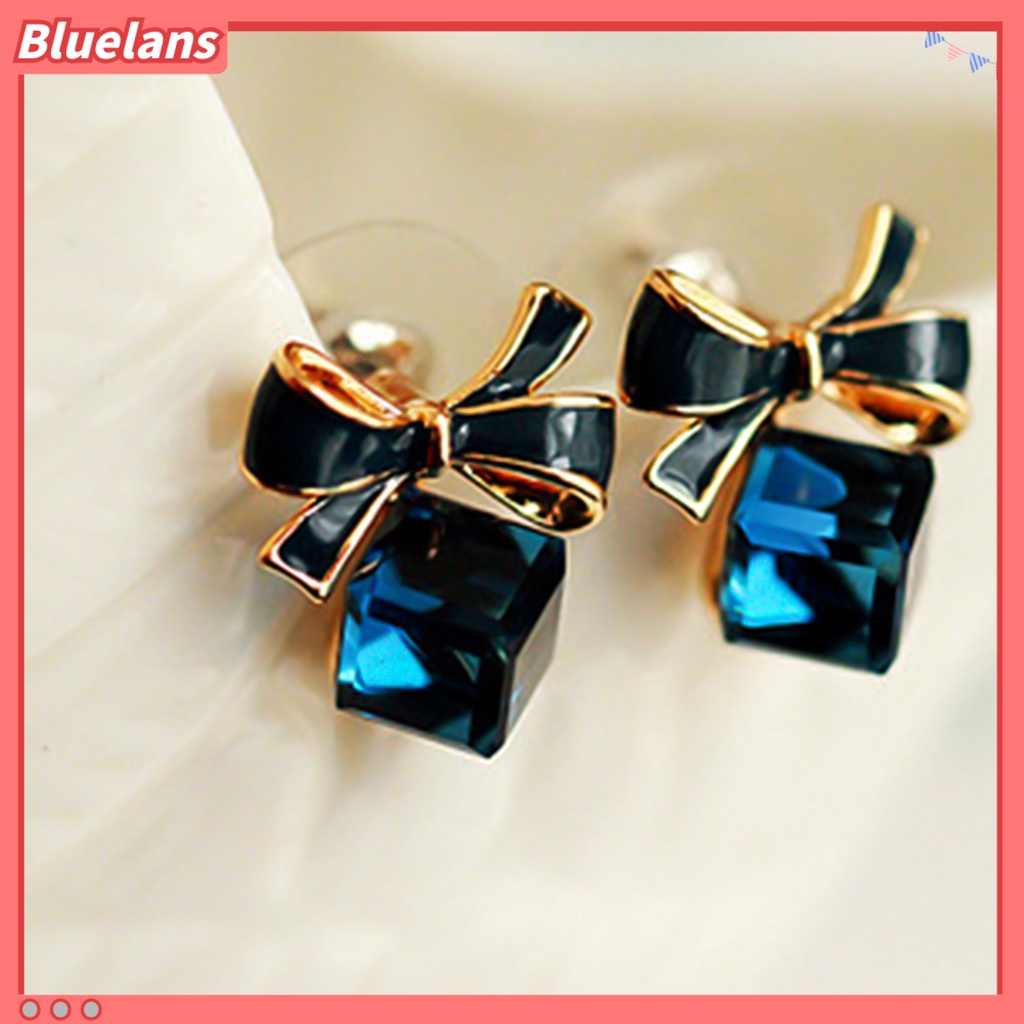 Bluelans 1 Pair Fashion Faux Crystal Bowknot Cube Ear Stud Earring Jewelry Accessory