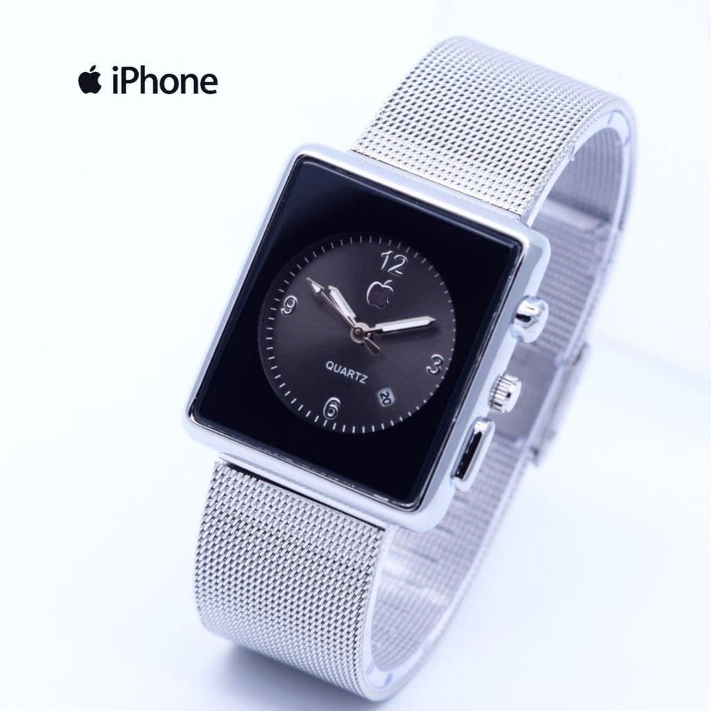 Jam Tangan Wanita Cewek Analog Iphone Segi Pasir Silver Black