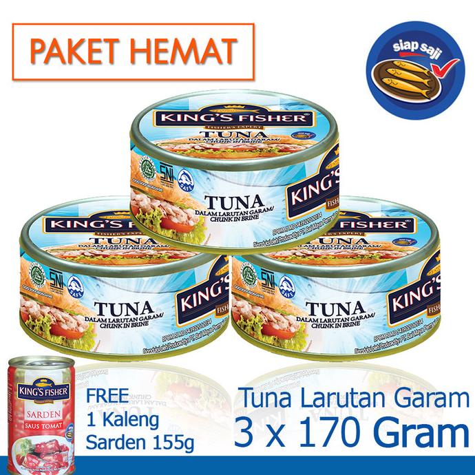 

[COD] Paket 3 pcs King's Fisher Tuna dalam Air Garam 170g gratis sarden 155g [COD]