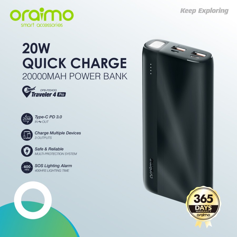 POWERBANK ORAIMO OPB-P204DQ 20.000MAH SENTER LED