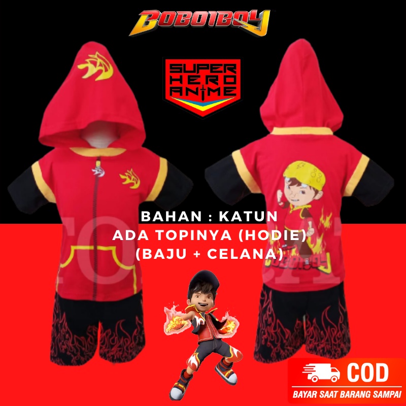 Kostum Karakter Anak Boboiboy Api Fire Setelan Celana Pendek Baju Laki Cowok