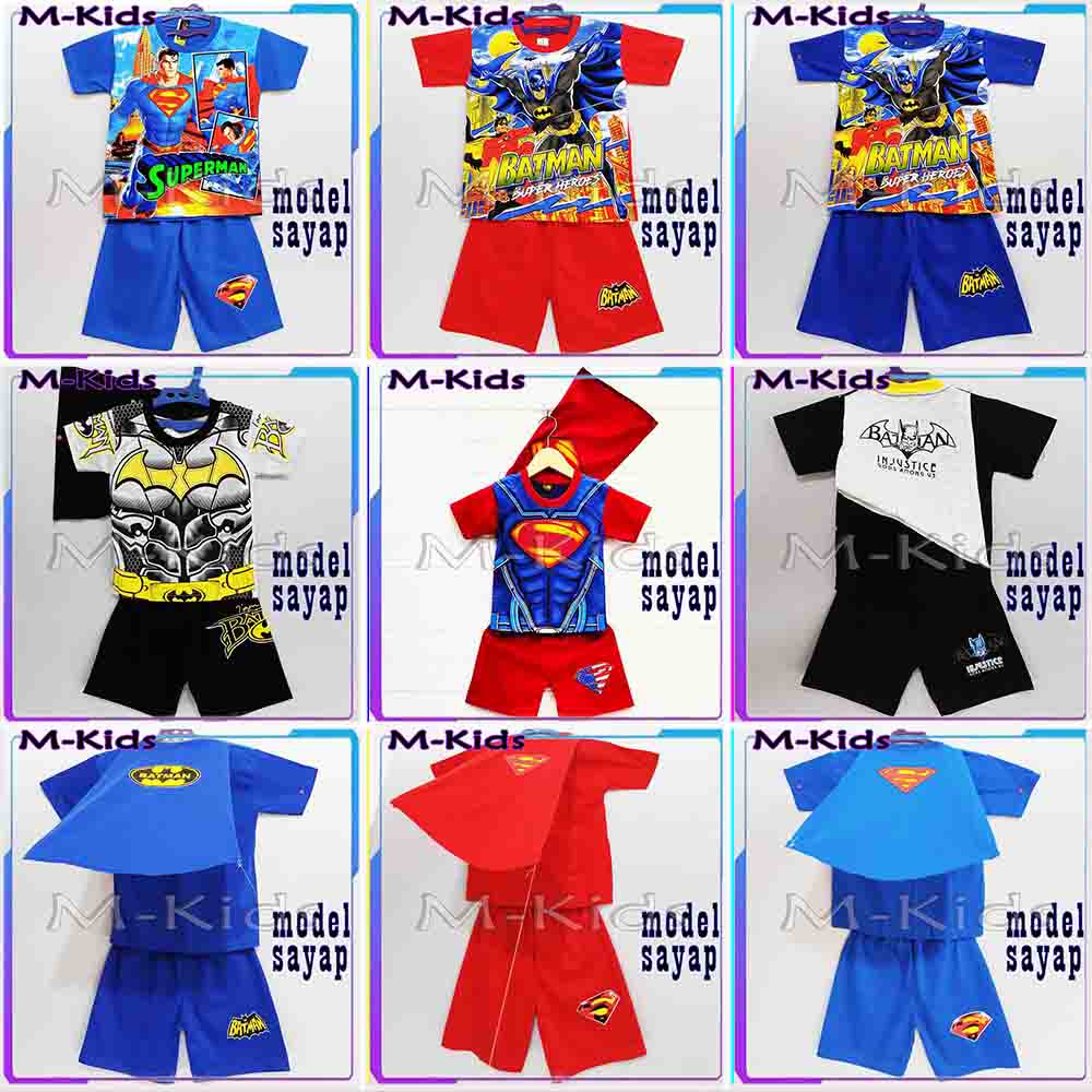 MKids88 - Baju Setelan KAOS Anak Karakter Batman &amp; Superman Motf Sayap