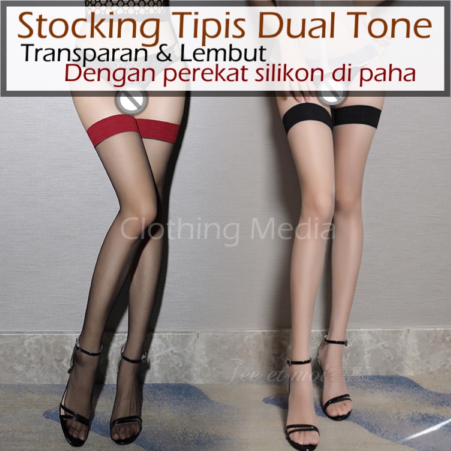 Stoking Tipis Dual Tone Transparan Silikon Perekat Stocking Vintage Thigh High