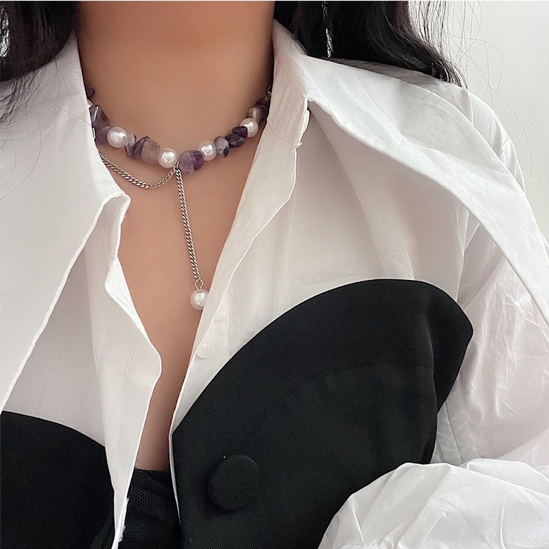 Irregular Purple Crystal Stone Necklace Accessories Titanium Steel Spliced Pearl Clavicle Chain Simple Personality