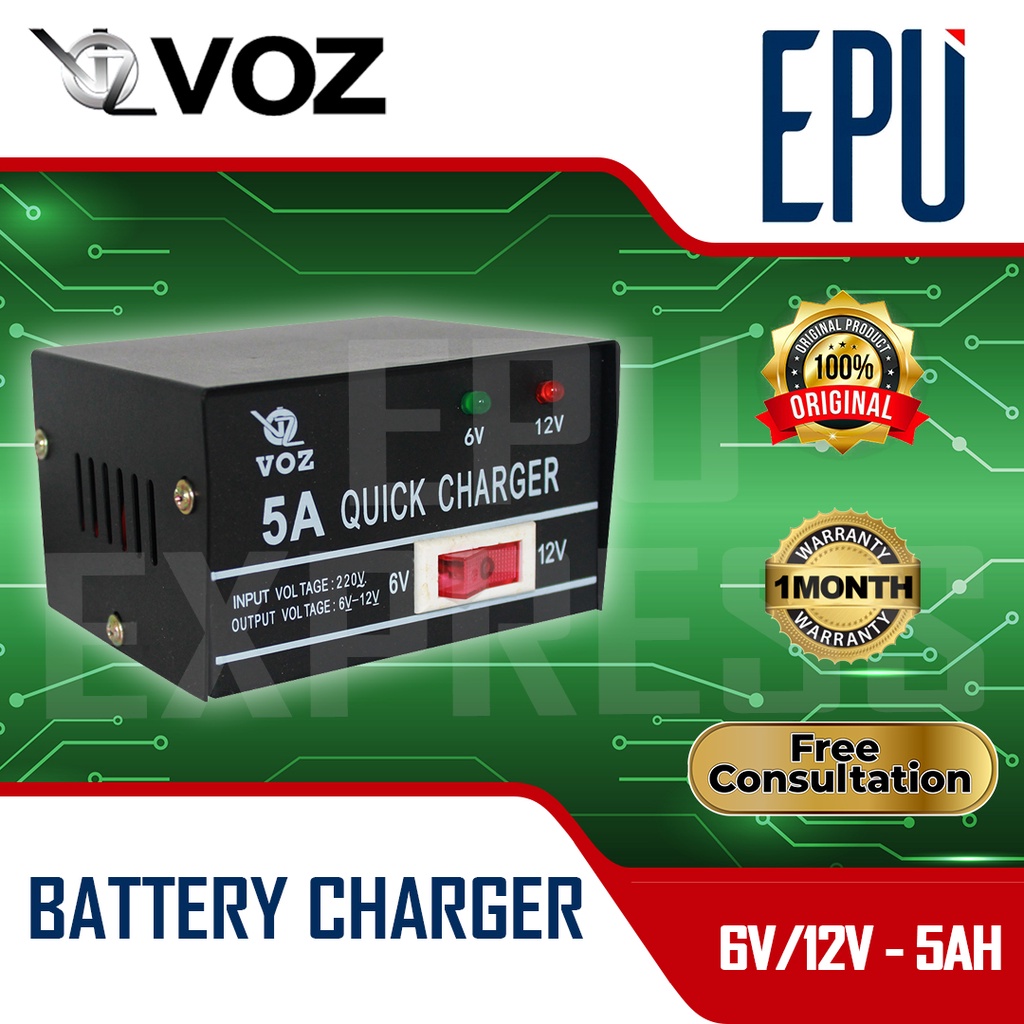 Voz Quick Charger Aki 5A 6v 12v Charge Accu Alat Cas Aki Motor Mobil