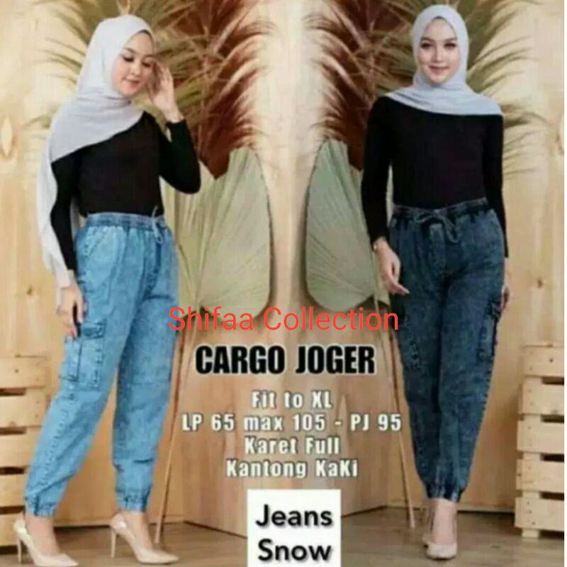 Celana Wanita Agnes Cargo Joger Snow - Shoft Jeans (Standar BB 40-60 kg dan Jumbo BB 60-80 kg)