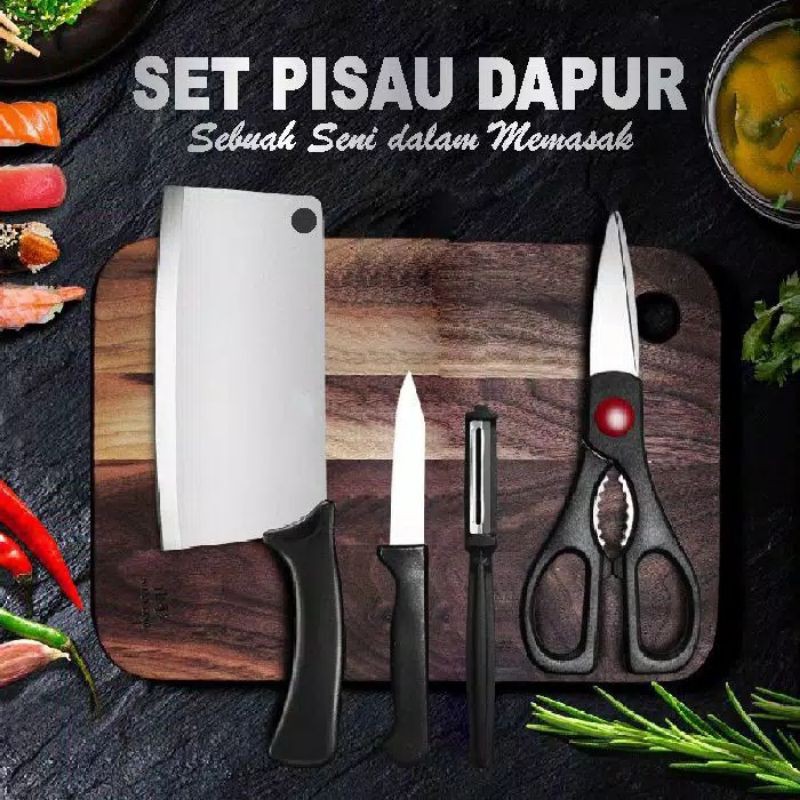 Medan Termurah/Set pisau besar dapur 4in1 black