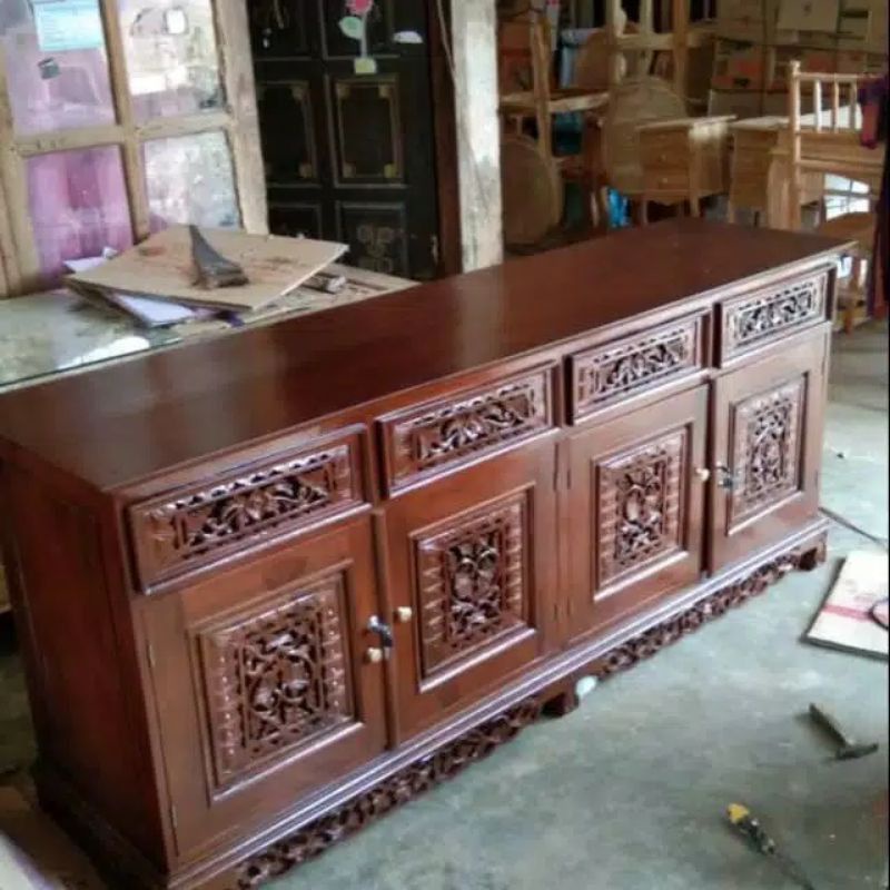 Bufet palembang full kayu jati / bufet tv kayu jati ukir Jepara